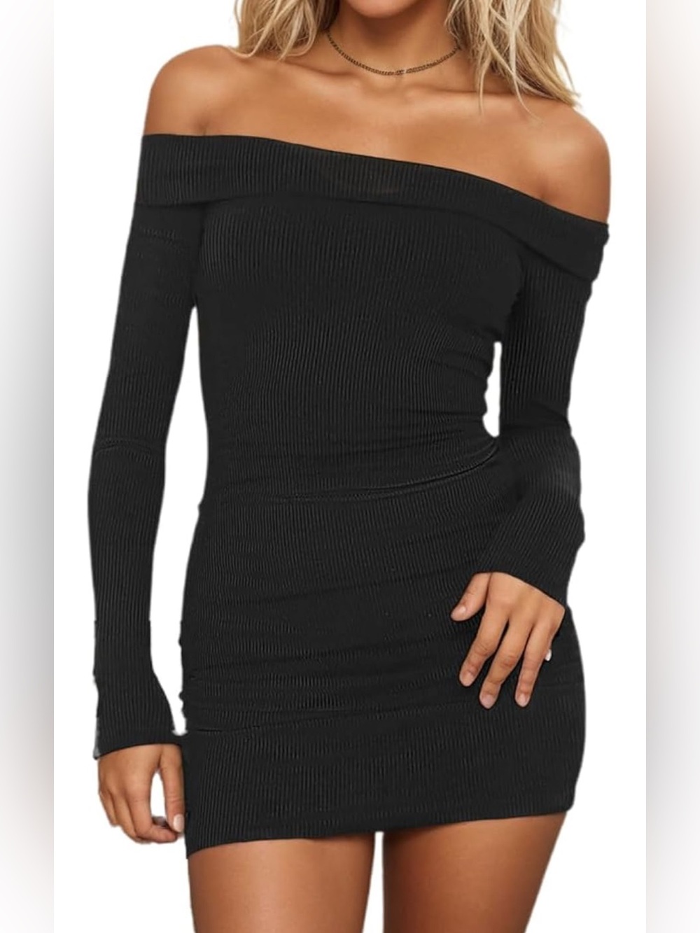 Black Off Shoulder Long Sleeve Bodycon Mini Dress M